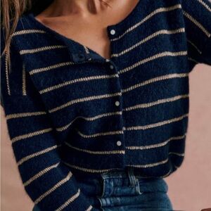Sezane Navy and Gold Striped Button Up Sweater